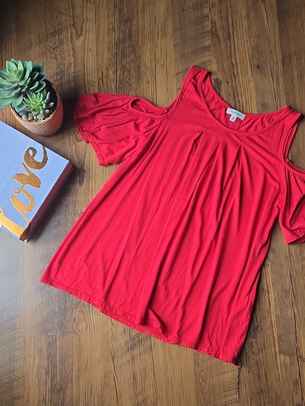 Max Studio Watermelon Pink Cold-Shoulder Pleated Tunic Top Small